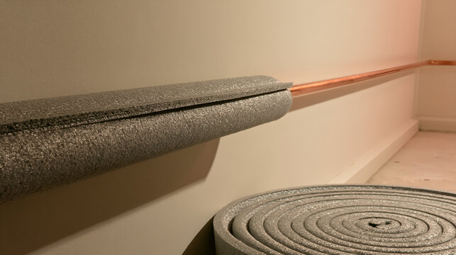 Foam lagging fitted along a copper heating pipe in a cellar