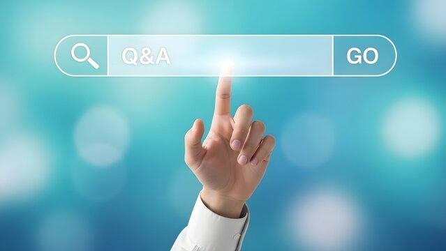 Hand touching search bar with Q&A text and GO button on blurred blue background.