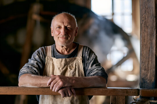 Portrait of a miller beside the timber shaft of a working watermill