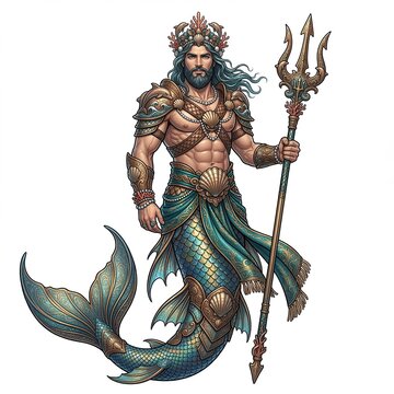 A powerful illustration of the Greek sea god Triton as a merman holding a golden trident