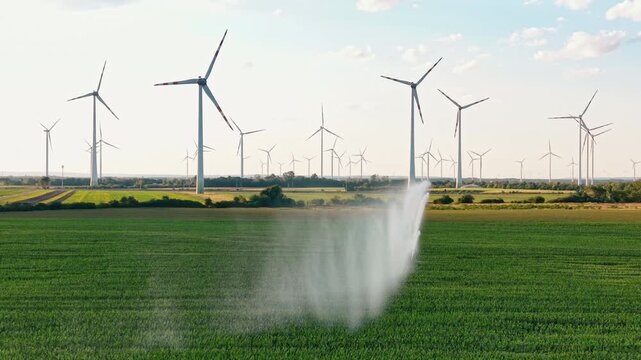 Field irrigation beneath large wind turbine array. A broad spray rises above green crops under a pale sky with scattered clouds.