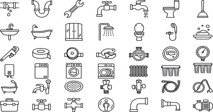 Residential Plumbing Maintenance and Bathroom Fixture Repair Contractor Minimalist Line Art Icon Mega Set Featuring Bar Soap, Flexible Hoses, and Pressure Gauges