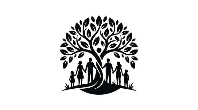 Generational family tree symbol with silhouetted figures and leaves