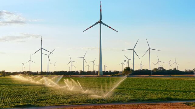 Wind turbine standing over sprinkler irrigated cropland. Multiple spray patterns cross the foreground field as turbines cluster along the golden lit horizon.