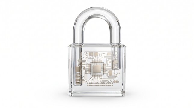 3D render of transparent crystal padlock with electronic circuit board inside for digital security