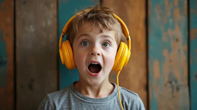 A young boy wearing yellow headphones stands in front of a rustic wooden wall, expressing surprise. Perfect for music, education, technology, and entertainment concepts in creative projects.