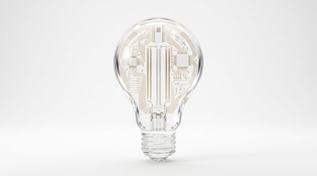 Front view of high-tech glass light bulb containing detailed electronic microprocessor circuits