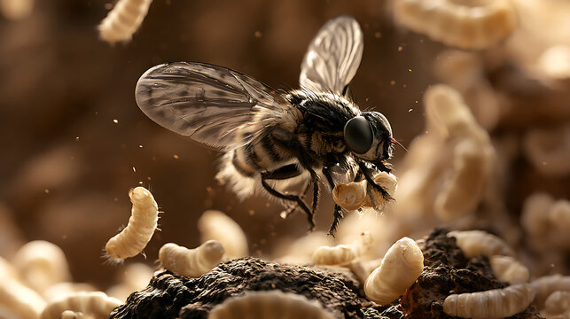 Extreme macro of an adult fly with larvae on decomposing organic matter, illustrating insect life cycle, infestation, decomposition process, forensic entomology, and pest control concept.