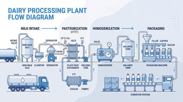 Industrial manufacturing process flow diagram infographic chart. Dairy processing plant flow diagram infographic illustrating milk intake, pasteurization, homogenization, and packaging processes