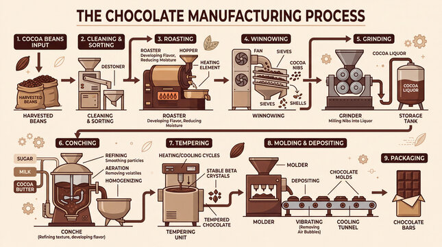 Industrial manufacturing process flow diagram infographic chart. Chocolate manufacturing process infographic illustrating steps from cocoa beans input to packaging with detailed machinery 
