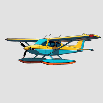 Yellow and blue seaplane aircraft with floats on a light gray background.