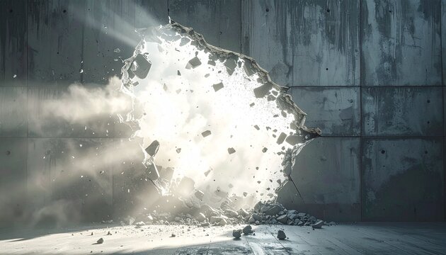 Broken concrete wall hole with sun rays and smoke effect breakthrough business concept