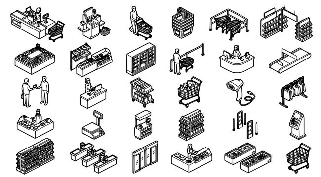 Modern isometric grocery store outline vector collection with supermarket checkout cashier queue shopping cart and retail illustrations isolated on white background