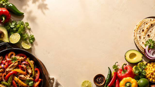 Mexican food frame background with chicken fajitas tortillas lime avocado and spices