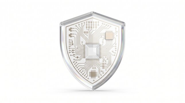 Sleek 3D crystal shield emblem with embedded electronic wiring for cybersecurity concepts