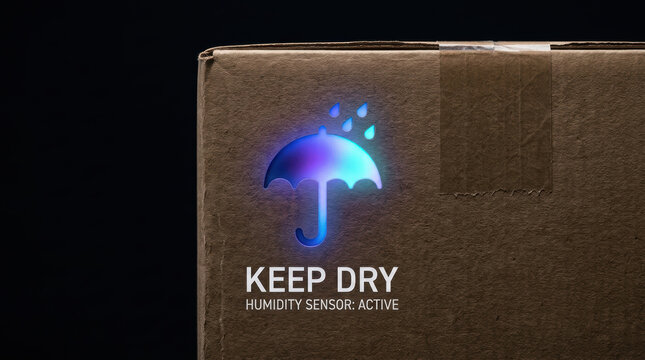 Keep dry symbol on cardboard box with humidity sensor active sign showing retail tech e commerce packaging care for safe delivery
