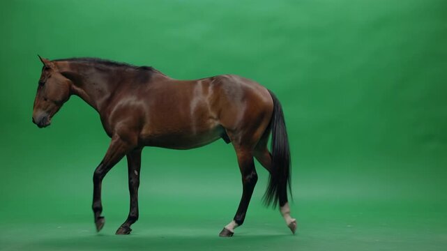 Brown horse walking gracefully across a green screen studio during daylight with subtle camera movement