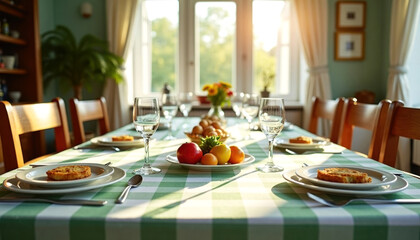 Fototapeta premium Dining table set with plates, glasses, and fresh fruits, surrounded by wooden chairs in a well-lit room with large windows and green checkered tablecloth