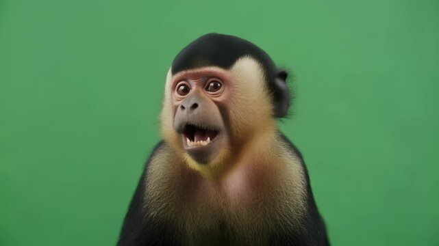 Capuchin monkey close-up expressions in studio lighting with green screen background