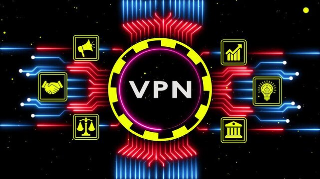 Vpn virtual private network with animated icons for business on circuit board background.