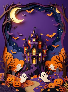 Paper craft Halloween night illustration featuring spooky castle, full moon, cute ghosts and orange pumpkins