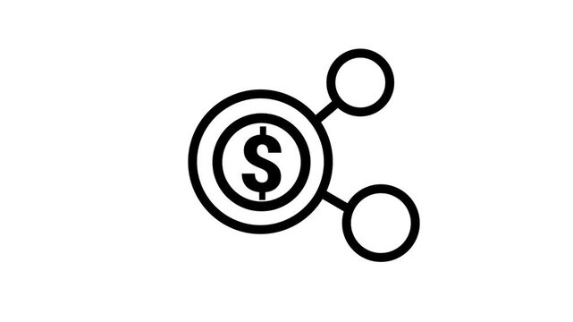 Financial Network Sharing Animated Icon. Animated line icon featuring dollar sign connected to network nodes representing financial distribution sharing and capital growth.