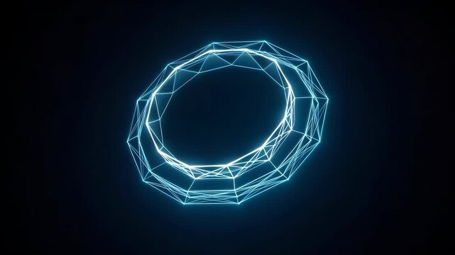 Neon polygon ring glowing dark space with radial wireframe and digital light points futuristic halo