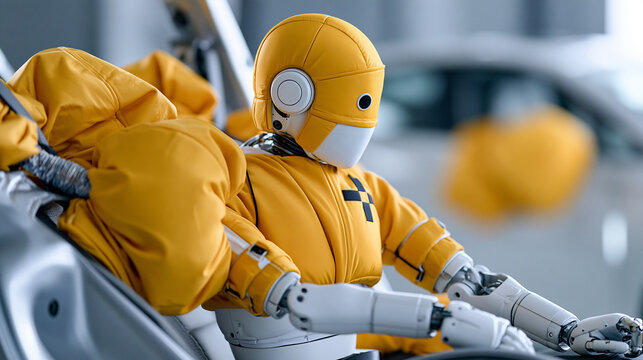 Crash test dummy colliding with deployed airbags during vehicle impact, automotive safety evaluation concept, defocused background, with copy space