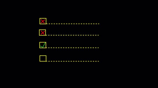  checklist on the dashed line icon with check marks and cross animation on black background. Question and answer checklist with right or wrong concept checklist box with alpha channel in 4k.