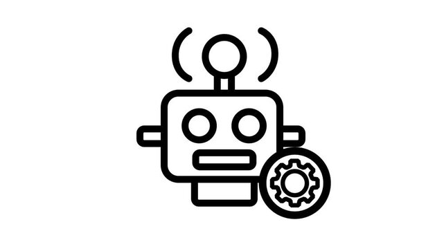 Robot Maintenance Settings Animation. Animated line icon of a friendly robot with a gear symbol representing artificial intelligence setup, maintenance, and configuration.