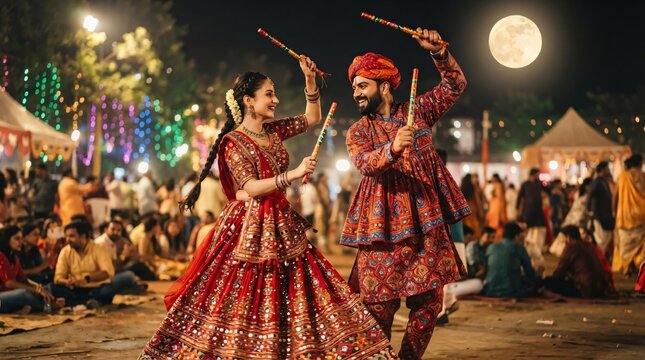 Young couple playing Garba under a moonlit Navratri sky