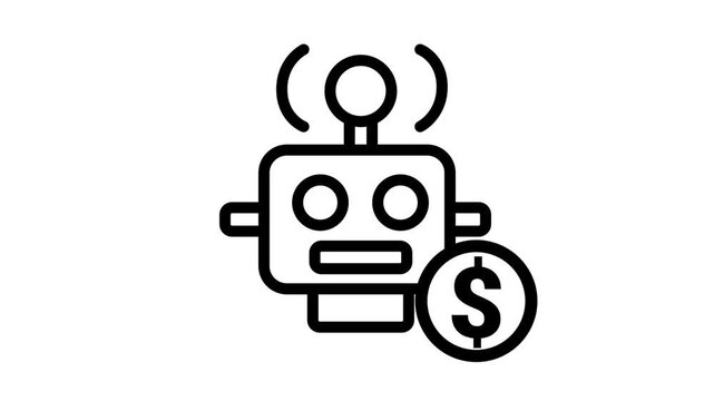 Financial Robot Assistant Animation. Animated line icon of a friendly robot holding a dollar coin for AI fintech, automated banking, and trading.