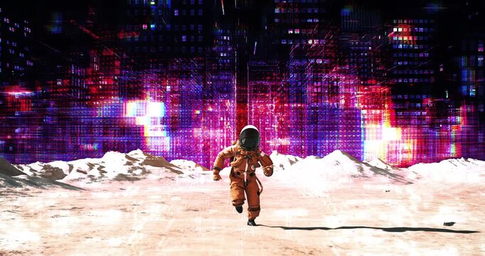 Futuristic astronaut running on alien crater terrain with digital city render. Abstract Digital Space City Concept.