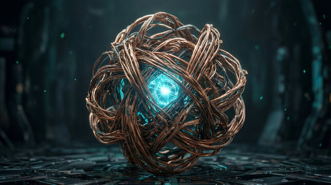 Dendrites copper knot glowing teal core representing a complex deep learning algorithmic hub for advanced technology and artificial intelligence concepts