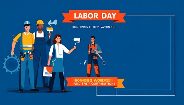 Labor Day poster with diverse workers and banners.