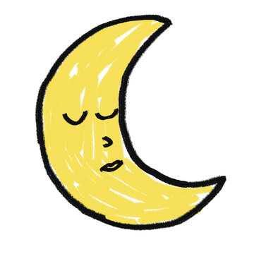 Cute yellow crescent moon with closed eyes and simple face drawn in sketch style
