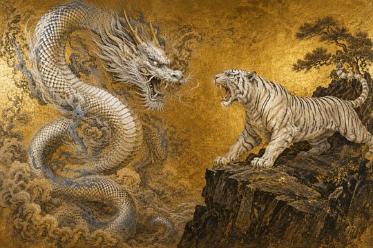 Majestic white dragon and white tiger facing each other on antique gold leaf background, Japanese style painting of sacred guardian beasts