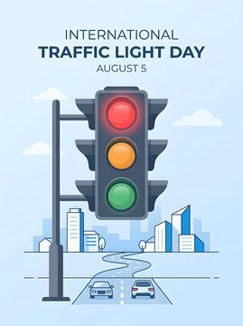 International Traffic Light Day poster, flat vector illustration of traffic signal over road with cars and city skyline background