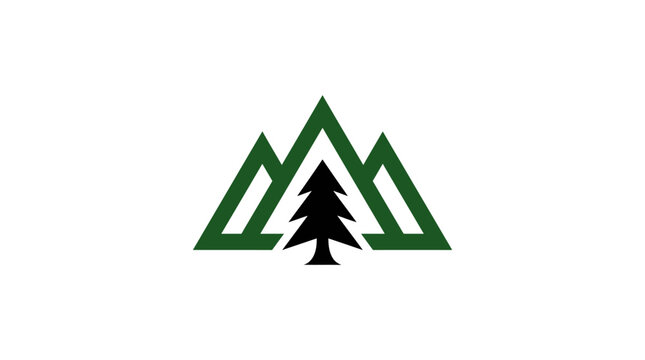 A minimalist graphic illustration featuring a stylized mountain and a pine tree