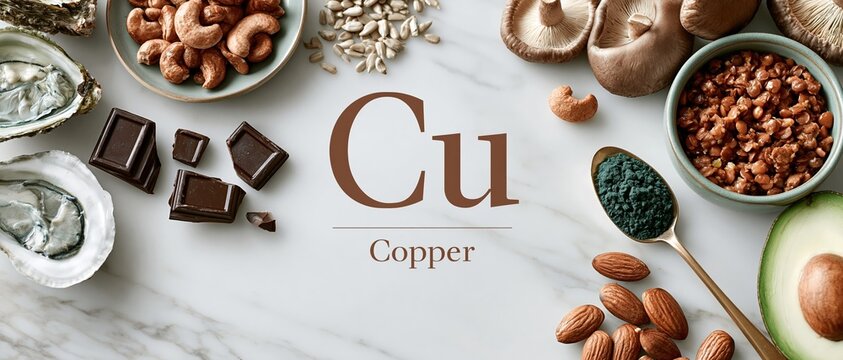 Holistic nutrition concept featuring copper rich superfoods oysters, cashews, dark chocolate, mushrooms, almonds, avocado, spirulina arranged around the Cu periodic symbol. Perfect for health.