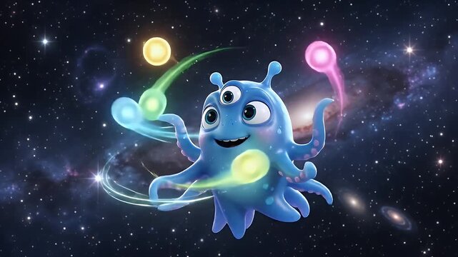 Friendly Blue Alien Juggling Glowing Orbs in Outer Space with Nebula and Stars Background