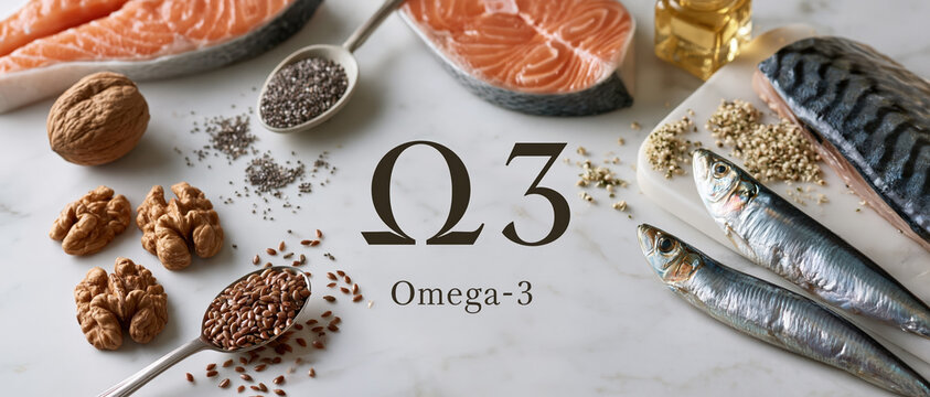 Holistic nutrition concept for health and wellness campaigns. Raw salmon, fresh sardines, walnuts, chia, flaxseed, and fish oil arranged on marble with bold Omega3 typography overlay.