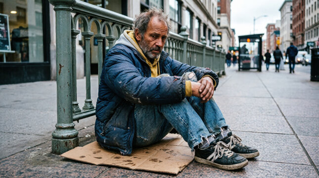 A despondent homeless man sits alone on a city sidewalk with his belongings beside him with focus on homelessness street life urban poverty social issues economic hardship.