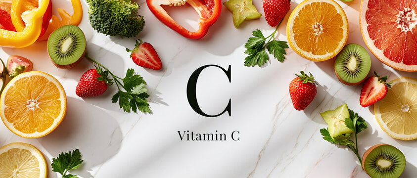 Wellness concept banner featuring vibrant vitamin C sources orange, grapefruit, kiwi, strawberry, pepper, broccoli arranged on white marble. Ideal for nutrition, supplement, or health.