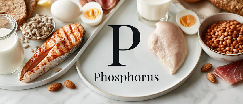 Clean, editorial flat lay showcasing high phosphorus whole foods for nutrition and wellness content. Grilled salmon, raw chicken, boiled eggs, lentils, almonds, milk, and seeds on marble.