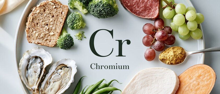 Clean overhead flat lay showcasing chromium rich foods oysters, broccoli, beef, grapes, whole grain bread, sweet potato, and green beans arranged on a white plate for health editorial use.