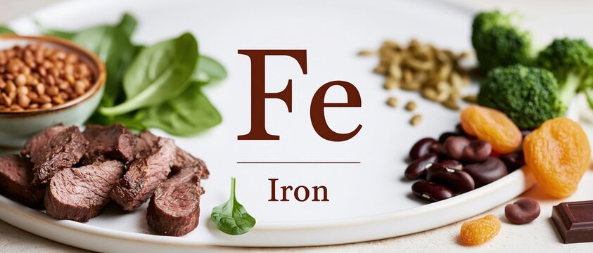 Boost wellness campaigns with this clean editorial flat lay showcasing iron rich foods beef, spinach, lentils, broccoli, beans, apricots arranged around the Fe periodic symbol. Perfect for.