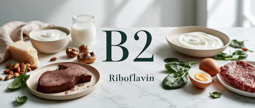 Elegant health nutrition concept featuring riboflavin rich foods liver, eggs, spinach, yogurt, milk, almonds, mushrooms, and beef styled on a marble surface for wellness editorial use.