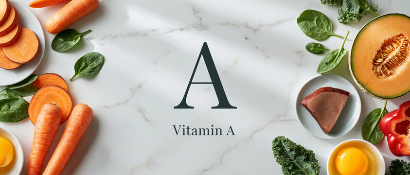 Clean editorial flat lay showcasing natural vitamin A sources carrots, sweet potato, spinach, kale, cantaloupe, liver, and pepper styled for nutrition, wellness, and healthy eating content.