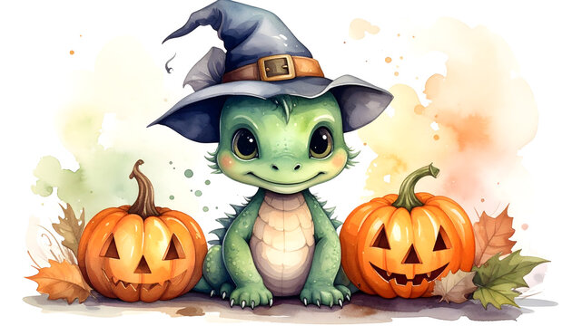 Cute cartoon baby dragon with Halloween pumpkins. Fantasy creature with witch hat, festive autumn scene, playful and adorable character for holiday...